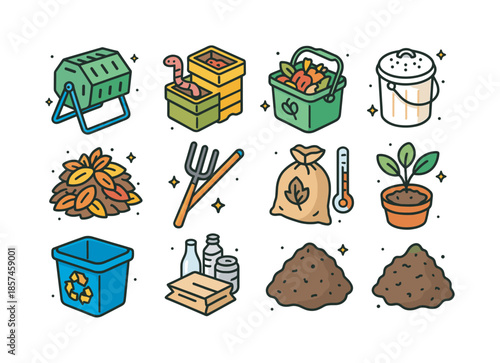 Isometric Composting Icons. Urban composting and recycling. Colorful isometric vector icons set of Urban composting and recycling: outdoor compost tumbler,