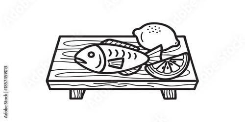 Wooden board with fish and lemon wedge solid icon, japanese food concept. Vector graphics. Lemon slice and fish, seafood sign on white background, style icon mobile or web design