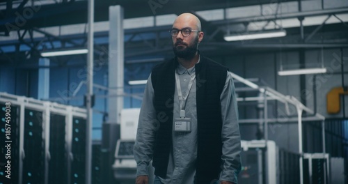 Wallpaper Mural Internal Audit Specialist Inspecting Equipment in Industrial Server Space. Man in Professional Attire Performs Audit While Walking Across Server Units. Concept System Analysis, Technical Inspection. Torontodigital.ca