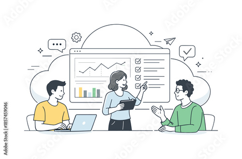 Collaborative Software Review. SaaS and software solutions. Team collaborating around a cloud-based dashboard, reviewing features and updates together. Calm