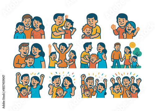 Joyful Family Icons. Happy families. Colorful flat vector icons set of happy families: joyful group portrait, playful parents, cheerful siblings, delighted