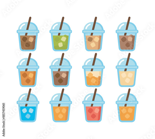 Colorful Iced Beverage Icons. Iced beverages. Colorful flat vector icons set of iced beverages: iced coffee, iced matcha, iced latte, iced cocoa, iced chai,