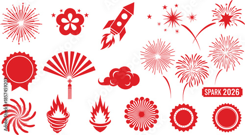 Collection of red fireworks and explosive designs