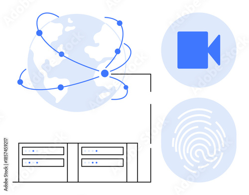 Global networking, data storage, identity verification, cybersecurity, communication systems, remote work. Planet with connected nodes, data servers fingerprint video icon. Global networking