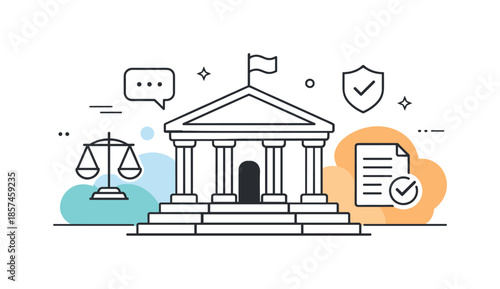 Civic Symbols Art. Civic Symbols Illustration ? Public Institutions. A simplified government building with steps, surrounded by calm abstract shapes and icons.