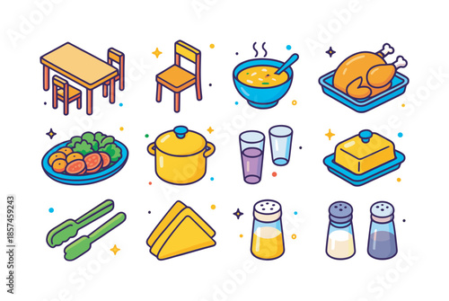 Isometric Dining Icons. Home dining. Colorful isometric vector icons set of home dining: dining table, wooden chairs, soup bowl, roast tray, vegetable platter,