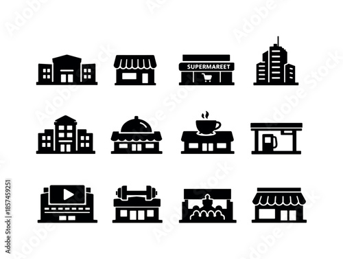 Commercial Buildings Icons. Commercial buildings. Solid icon set of commercial buildings: mall, retail shop, supermarket, office tower, hotel, restaurant,