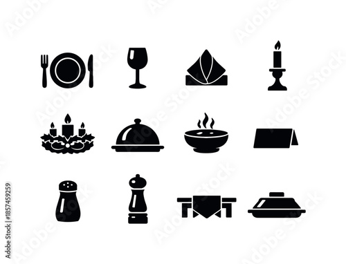 Festive Icons Collection. Festive table settings. Solid icon set of festive table settings: dinner plate, fork and knife, wine glass, napkin folded, candle