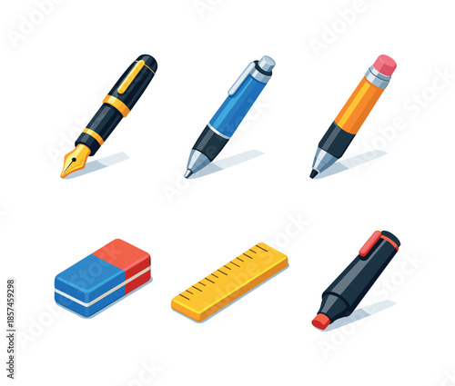 Isometric Writing Tools. Writing Tools. Isometric flat vector icons set of writing tools: fountain pen, ballpoint pen, mechanical pencil, eraser, ruler, marker