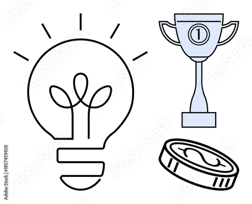 Innovation concept. Innovation portrayed through light bulb, trophy success, and coin value. Innovation drives success in business, strategy, creativity, and solutions in modern industries
