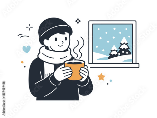 Cozy Winter Warmth. Winter Comfort. A person holding a warm cup with steam rising, standing indoors near a simple window with snow outside. The illustration