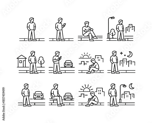 Everyday Taxi Icons. Everyday Taxi Waiting. Line icon set of Everyday Taxi Waiting: casual clothes person, street curb wait, phone scrolling wait, relaxed