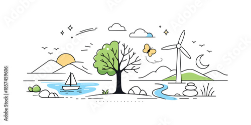 Harmony in Transformation. Harmony of change. A balanced landscape where elements move gently but remain centered and stable. Soft, contemplative mood of