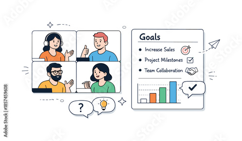 Remote Team Collaboration. Online meetings and alignment. Team members discussing goals in video tiles with shared notes. Clear communication and mutual