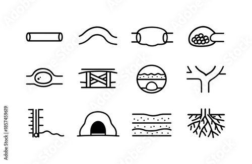 Mole Tunnel Icon Set. Mole tunnels. Line icon set of Mole tunnels: straight tunnel, curved tunnel, chamber room, food storage nook, air pocket, soil support,