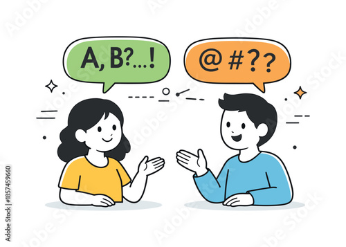 Language and Dialogue. Language and Communication. Two simple characters exchanging speech bubbles filled with letters and symbols, representing dialogue and