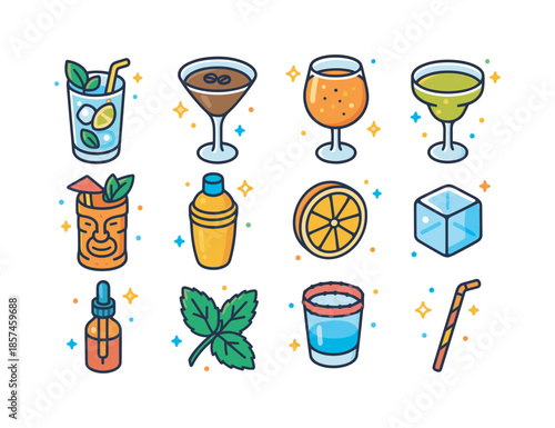 Colorful Cocktail Icons. Craft Cocktails. Colorful isometric vector icons set of Craft Cocktails: mojito glass, espresso martini, spritz glass, margarita, tiki