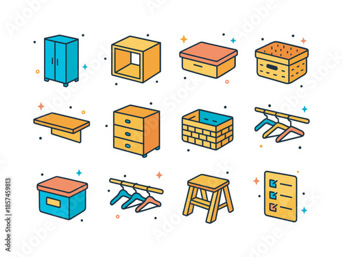 Minimalist Storage Icons. Minimalist storage solutions. Colorful isometric vector icons set of Minimalist storage solutions: tall closed cabinet, open cube