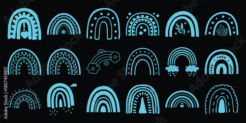 Collection of twenty-one stylized cyan rainbows with diverse decorative black