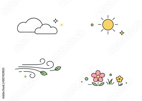 Spring Minimalism. Minimal spring atmosphere. Clean weather elements like wind lines, clouds, and sun arranged with plenty of white space. The illustration