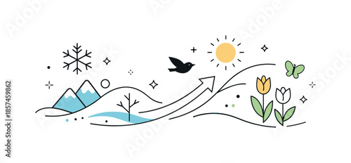 Seasonal Transition Flow. Abstract seasonal flow. Lines and shapes arranged in a directional composition showing movement from winter stillness to spring