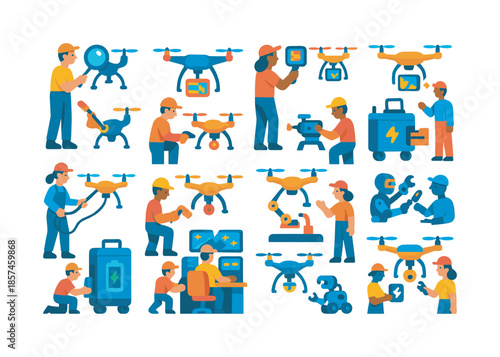 Drone Maintenance Icons. Drone maintenance teams. Colorful flat vector icons set of drone maintenance teams: inspection drone, thermal scan drone, mapping