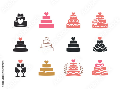 Wedding Logo Variations. Wedding. Icon set. Set Logo of wedding: wedding cake. harmonious logo variations of the same emblematic concept, each with different