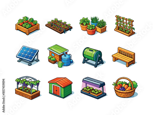 Isometric Rooftop Garden Icons. Rooftop gardens. Colorful isometric vector icons set of rooftop gardens: raised beds, drip irrigation line, potted herbs,