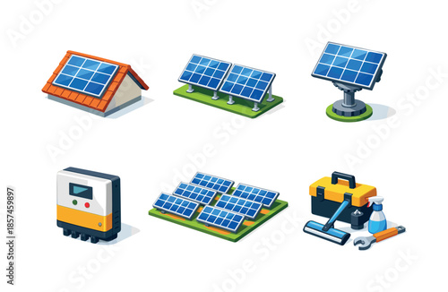Solar Panel Icon Set. Solar panels. Isometric flat vector icons set of solar panels: rooftop panels, ground-mounted array, solar tracking system, solar