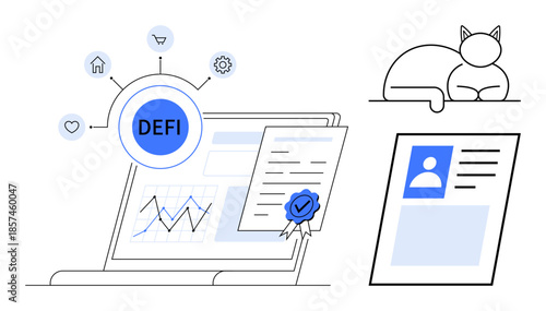 Decentralized finance. Display of decentralized finance with a laptop, data graphs, and certification. Decentralized finance supporting secure transactions, identity verification, and blockchain