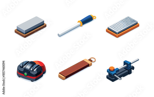 Sharpening Tool Icons. Sharpening tools. Isometric flat vector icons set of sharpening tools: sharpening stone, ceramic rod, diamond plate, electric sharpener,