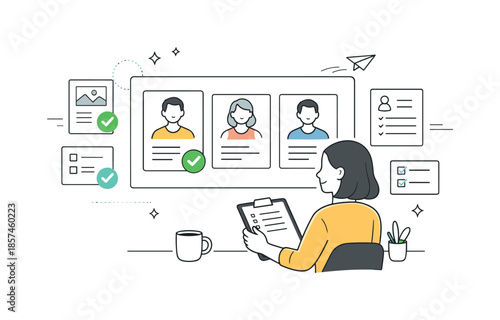 Recruitment Evaluation Process. Human resources management. A recruiter reviewing candidate profiles on a large screen with checkmarks and document cards