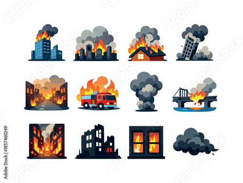 Colorful Burning City Icons. Burning city with smoke clouds. Colorful flat vector icons set of burning city with smoke clouds: blazing skyscraper, smoke-filled