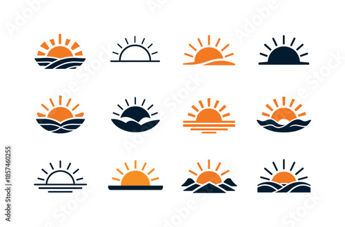 Sunrise Sunset Icons. Sunrise and sunset. Icon set. Set Logo of sunrise and sunset: sunbeam arch. harmonious logo variations: Abstract geometric, Minimal