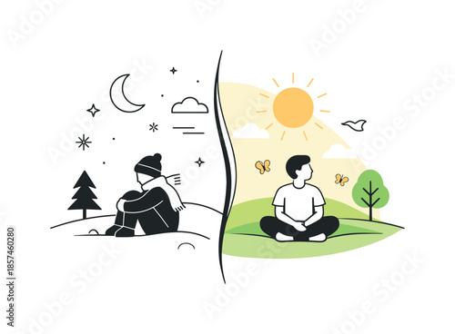 Seasonal Harmony. Seasonal duality concept. Two contrasting abstract moods in one minimal composition, symbolizing change and balance. The illustration feels