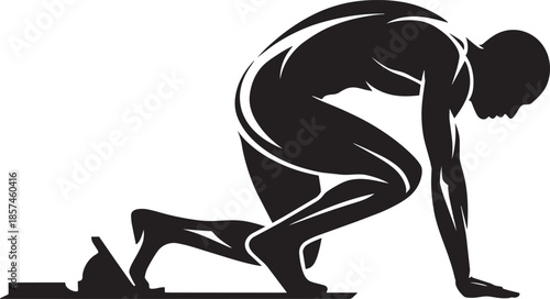 Black silhouette of sprinter runner on starting block ready for race in athletic competition