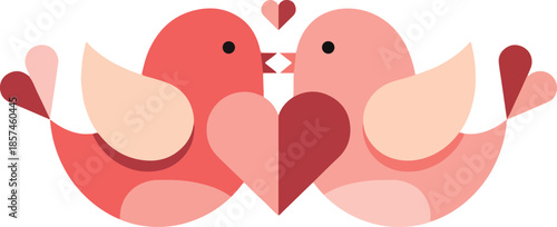 Two birds exchange hearts in a romantic gesture