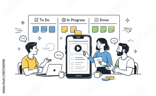 Agile Team Collaboration. Agile mobile development. Small team around a kanban board with task cards and a phone in the center, planning iterations and