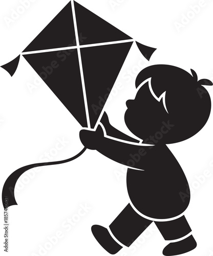 Child playing with kite silhouette illustration showing young boy running holding flying toy