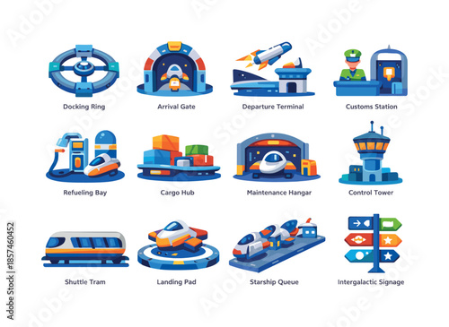 Intergalactic Spaceport Icons. Intergalactic Spaceports. Colorful flat vector icons set of Intergalactic Spaceports: docking rings, arrival gates, departure