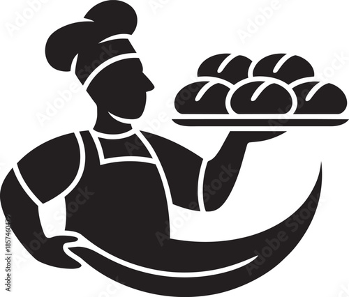 Black silhouette of baker chef holding tray of freshly baked bread loaves smiling proudly