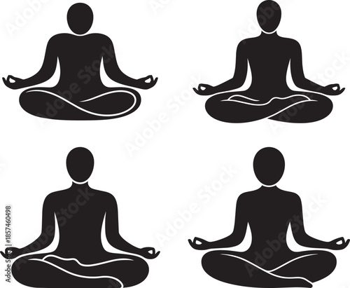 Four black silhouettes of people sitting in lotus position for meditation and yoga practice