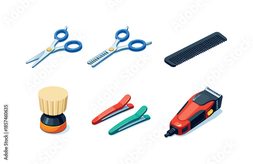 Barber Tools Grid. Barber essentials. Isometric flat vector icons set of barber essentials: haircut scissors, thinning shears, barber comb, neck brush, hair