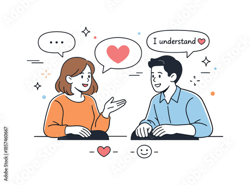 Empathy in Conversation. Emotional wellbeing support. Colleagues having a friendly conversation with speech bubbles and heart icons, representing empathy and