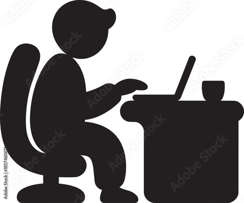 Office worker silhouette icon depicting man sitting at desk using laptop computer with coffee