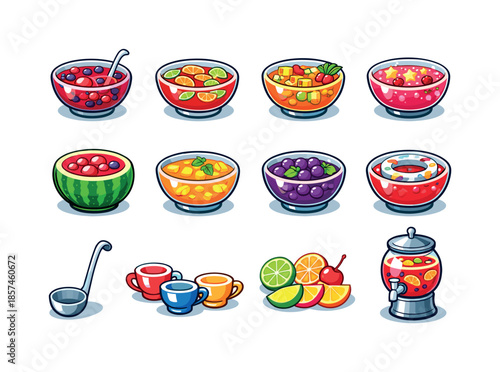 Colorful Punch Bowl Icons. Punch bowls. Colorful isometric vector icons set of punch bowls: berry punch bowl, citrus slice punch, tropical fruit punch,