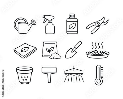 Indoor Plant Care Icons. Indoor plant care. Line icon set of Indoor plant care: watering can, spray bottle, fertilizer bottle, pruning shears, leaf shine