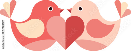 Two cute birds hold hearts in love gesture on white background with sweet expressions