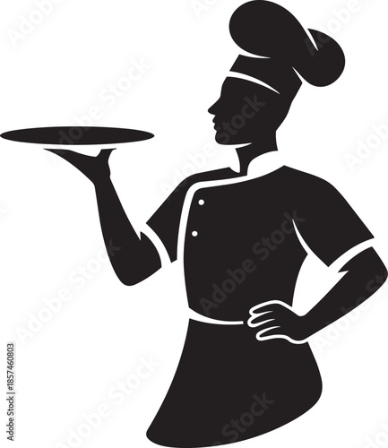 Silhouette of chef holding serving platter with hand on hip wearing toque hat