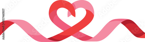 A romantic intertwined red and pink ribbon forms a heart shape on a plain background